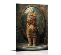 ZLLJXFZZ Animal Oil Painting of A Cat Carefully Adjusting Its Bowtie in Front of A Cracked Bathroom Mirror. Wall Art Mural Modern Decoration Hanging Art Poster 24x36inch(60x90cm)
