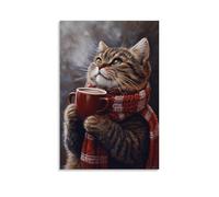 ZLLJXFZZ Animal Oil Painting of A Cat Checking Its Stylish Scarf While Sipping Morning Coffee. Wall Art Mural Modern Decoration Hanging Art Poster 12x18inch(30x45cm)