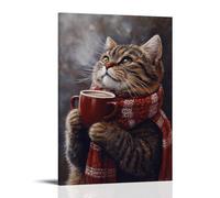 ZLLJXFZZ Animal Oil Painting of A Cat Checking Its Stylish Scarf While Sipping Morning Coffee. Wall Art Mural Modern Decoration Hanging Art Poster 08x12inch(20x30cm)