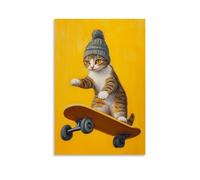 ZLLJXFZZ Animal Oil Painting of A Cat in A Beanie Riding A Longboard Down A Hill on A Minimalist Yellow Background. Wall Art Mural Modern Decoration Hanging Art Poster 16x24inch(40x60cm)