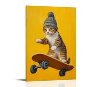 ZLLJXFZZ Animal Oil Painting of A Cat in A Beanie Riding A Longboard Down A Hill on A Minimalist Yellow Background. Wall Art Mural Modern Decoration Hanging Art Poster 16x24inch(40x60cm)