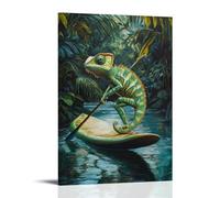 ZLLJXFZZ Animal Oil Painting of A Chameleon Paddleboarding in A Rainforest River, Tail Curled Elegantly. Wall Art Mural Modern Decoration Hanging Art Poster 16x24inch(40x60cm)