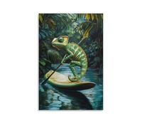 ZLLJXFZZ Animal Oil Painting of A Chameleon Paddleboarding in A Rainforest River, Tail Curled Elegantly. Wall Art Mural Modern Decoration Hanging Art Poster 12x18inch(30x45cm)
