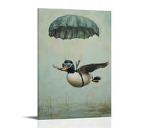 ZLLJXFZZ Animal Oil Painting of A Duck with Safety Goggles Parachuting Into A Marshy Zone on Pale Green. Wall Art Mural Modern Decoration Hanging Art Poster 20x30inch(50x75cm)