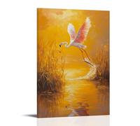 ZLLJXFZZ Animal Oil Painting of A Flamingo Wakeboarding through Reeds in A Golden Marsh at Dusk. Wall Art Mural Modern Decoration Hanging Art Poster 20x30inch(50x75cm)