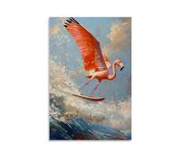 ZLLJXFZZ Animal Oil Painting of A Flamingo Windsurfing at Full Speed with One Leg Raised on Coral Red Sea. Wall Art Mural Modern Decoration Hanging Art Poster 16x24inch(40x60cm)