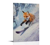 ZLLJXFZZ Animal Oil Painting of A Fox Carving Snow on Skis Mid-mountain, Blur Lines on Soft Lilac Canvas. Wall Art Mural Modern Decoration Hanging Art Poster 16x24inch(40x60cm)