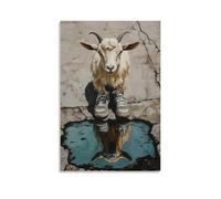 ZLLJXFZZ Animal Oil Painting of A Goat Checking Out New Sneakers in A Cracked Sidewalk Mirror. Wall Art Mural Modern Decoration Hanging Art Poster 24x36inch(60x90cm)