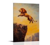 ZLLJXFZZ Animal Oil Painting of A Lion Flipping Off A Cliff with Mustard Sky Beneath Wall Art Mural Modern Decoration Hanging Art Poster 20x30inch(50x75cm)