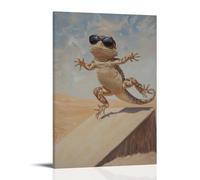 ZLLJXFZZ Animal Oil Painting of A Lizard in Sunglasses Doing A Flip Trick on A Desert Ramp Against A Plain Beige Backdrop. Wall Art Mural Modern Decoration Hanging Art Poster 24x36inch(60x90cm)