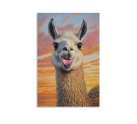 ZLLJXFZZ Animal Oil Painting of A Llama Posing for Mirror Selfies, Tongue Out Playfully Under A Pastel Sunset Background. Wall Art Mural Modern Decoration Hanging Art Poster 16x24inch(40x60cm)
