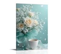 ZLLJXFZZ Flowers Poster Featuring Mug And Saucer Filled with White Coffee Wall Art Mural Modern Decoration Hanging Art Poster 12x18inch(30x45cm)