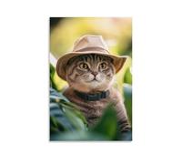 ZLLJXFZZ Jungle Explorer Cat with Safari Hat Wall Art Mural Modern Decoration Hanging Art Poster 24x36inch(60x90cm)