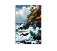 ZLLJXFZZ Landscape Poster Featuring A Beautiful Rocky Shore And A Tree Along with Fall Leaves Wall Art Mural Modern Decoration Hanging Art Poster 16x24inch(40x60cm)