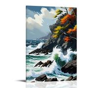 ZLLJXFZZ Landscape Poster Featuring A Beautiful Rocky Shore And A Tree Along with Fall Leaves Wall Art Mural Modern Decoration Hanging Art Poster 20x30inch(50x75cm)
