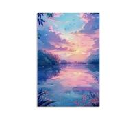 ZLLJXFZZ Landscape Poster Featuring Sun over Large Body of Water with Birds Floating Nearby Wall Art Mural Modern Decoration Hanging Art Poster 24x36inch(60x90cm)