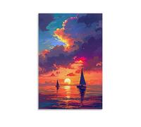 ZLLJXFZZ Landscape Poster of Two Sailboats at Sunset on Ocean near Clouds, Sun Wall Art Mural Modern Decoration Hanging Art Poster 08x12inch(20x30cm)