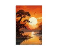 ZLLJXFZZ Landscape Poster with A Boat And Trees in The Bay at Sunset Wall Art Mural Modern Decoration Hanging Art Poster 24x36inch(60x90cm)
