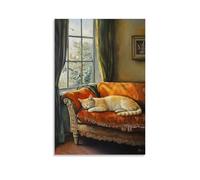 ZLLJXFZZ Oil Painting Animal Poster Dreaming Cat in Vermeer Interior Wall Art Mural Modern Decoration Hanging Art Poster 08x12inch(20x30cm)