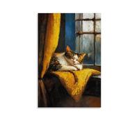 ZLLJXFZZ Oil Painting Animal Poster Dreaming Cat in Vermeer Interior Wall Art Mural Modern Decoration Hanging Art Poster 16x24inch(40x60cm)