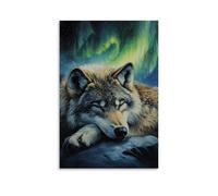 ZLLJXFZZ Oil Painting Animal Poster Sleeping Wolf Under Northern Lights Wall Art Mural Modern Decoration Hanging Art Poster 20x30inch(50x75cm)