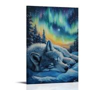 ZLLJXFZZ Oil Painting Animal Poster Sleeping Wolf Under Northern Lights Wall Art Mural Modern Decoration Hanging Art Poster 20x30inch(50x75cm)