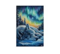 ZLLJXFZZ Oil Painting Animal Poster Sleeping Wolf Under Northern Lights Wall Art Mural Modern Decoration Hanging Art Poster 24x36inch(60x90cm)