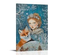 ZLLJXFZZ Oil Painting Animal Poster Snow Queen Fox in Winter Folk Art Wall Art Mural Modern Decoration Hanging Art Poster 16x24inch(40x60cm)