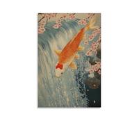 ZLLJXFZZ Ukiyo-E Woodblock Print of A Koi Fish Leaping from A Cascading Waterfall, Cherry Blossoms Floating on The Current. Wall Art Mural Modern Decoration Hanging Art Poster 20x30inch(50x75cm)