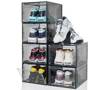 ZLLZUU Shoe Organizer Shoe Storage Boxes, 6 Pack Large Drop Front Shoe Boxes with Magnetic Door, Clear Plastic Stackable Shoe Containers (Black)