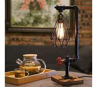 ZLMFK Water Piping Desk Top Table Lamp Bird Cage Real Wood Base Rustic Deco Punk Industrial Loft Interior Bedside Minimalist Victorian Iron Retro Lighting Lamps