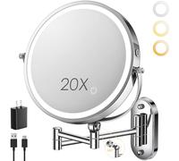 ZLOKLA 9" Wall Mounted Lighted Makeup Mirror,4000mAh Rechargeable Double Sided 1X/20X Magnifying Mirror with Light,Touch Dimmable,Extended Arm 360 Rotation Wall Mounted Makeup Mirror 3 Color Lights