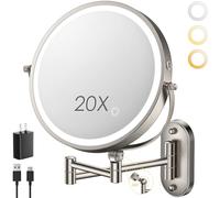 ZLOKLA 9" Wall Mounted Lighted Makeup Mirror,4000mAh Rechargeable Double Sided 1X/20X Magnifying Mirror with Light,Touch Dimmable,Extended Arm 360 Rotation Wall Mounted Makeup Mirror 3 Color Lights-N