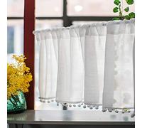 Zlovne Cafe Curtain Short Curtain,White Half Window Cotton Linen Design,Short Bathroom Window Curtain Bedroom Kitchen Half Curtains,Embroidered Pompoms Decor (150 * 50cm/60 * 20in)