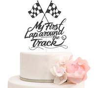 ZLPDS My First Lap Around The Track Cake Topper, Race Car 1st Birthday Party Decorations, Fast One, Black Glitter