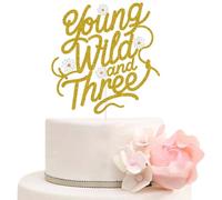 ZLPDS Young Wild and Three Cake Topper, Daisy 3rd Birthday Cake Decor, Groovy Third Bday Party Decorations for Baby Boys or Girls, Gold Silver Glitter