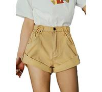 ZLSLZ Womens Girls High Waist Loose Folded Hem Denim Shorts Jeans - Beige - Medium