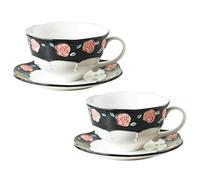 ZLUDIO Handmade Tea Cup and Saucer Set, 8.5 oz Porcelain Coffee Mug Set, Ceramic Teacup, Espresso Cup Set with Raised Glaze Rose Decoration for Women Tea Party & Christmas & Wedding (2 Set, Black)