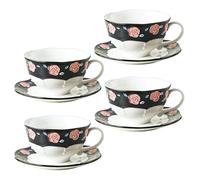ZLUDIO Handmade Tea Cup and Saucer Set, 8.5 oz Porcelain Coffee Mug Set, Ceramic Teacup, Espresso Cup Set with Raised Glaze Rose Decoration for Women Tea Party & Christmas & Wedding (4 Set, Black)
