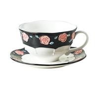 ZLUDIO Handmade Tea Cup and Saucer Set, 8.5 oz Porcelain Coffee Mug Set, Ceramic Teacup, Espresso Cup Set with Raised Glaze Rose Decoration for Women Tea Party & Christmas & Wedding (1 Set, Black)