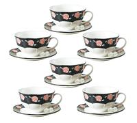 ZLUDIO Handmade Tea Cup and Saucer Set, 8.5 oz Porcelain Coffee Mug Set, Ceramic Teacup, Espresso Cup Set with Raised Glaze Rose Decoration for Women Tea Party & Christmas & Wedding (6 Set, Black)