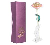 ZLXCAOB 24K Gold Plating Flower White Pink Rose Green Leaf Base Gift Decoration for Valentine's Day