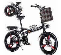 ZLXHFFH 20" Folding Bike for Adults, 6 Speed Compact Foldable Bicycle with Disc Brakes, High Carbon Steel Frame, Lightweight Commuter Bike with Basket Light Lock Pump Accessories(Black)