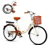 ZLXHFFH 24" Folding Bike for Adults, 6 Speed City Commuter Bicycle with Front Basket & Rear Seat Cushion, Lightweight Foldable Urban Bike, Step Through Frame Portable Bicycle for Daily Riding.