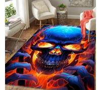 ZLXMN 3D Blue Flaming Skull Area Rug 80x150cm Optical Illusion Gothic Rug Thin, Soft And Non-Slip Halloween Door Mat for Boys Bedroom Man Cave Large Gamer Room Cool Carpet