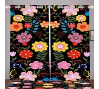 ZLXMN Boho Floral Curtains Blackout Eyelet, Retro Spring Flower Patterned Curtains Privacy Black Window Treatments for Bedroom Living Room Restaurant Kitchen W46.2 x L54.3 x 2 Panels