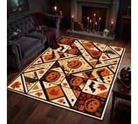 ZLXMN Fall Orange Pumpkin Area Carpets 70x140cm Halloween Washable Rug | Geometric Patchwork Print Carpet With Bat Maple leaf Pattern, Fade Resistant Soft Low Pile Mat for Bedroom Dining Room