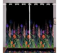 ZLXMN Floral Curtains Botanical Lavender Patterned Curtains Eyelet Soft Thermal Insulated Black Window Drapes for Bedroom Living Room Restaurant Balcony W46.2 x L84 x 2 Panels