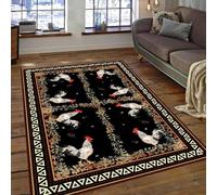 ZLXMN Modern Geometric Border Black White Rooster Area Rug 140x200cm British Style Pastoral Rooster Carpet Contemporary Large Durable Bedroom Rugs for Living Room Washable Mat