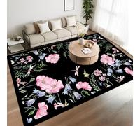 ZLXMN Pink Hibiscus Area Rugs 60x110cm Dragonfly Insect Prints Washable Large Low Pile Botanical Floral Rug Non Slip Indoor Floor Throw Carpet for Living Room Black Rugs